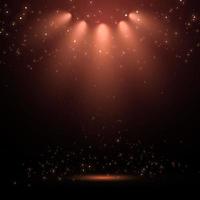 Spotlight with shiny light and particles. Vector festive illuminated glow backdrop design of spot light and stage.