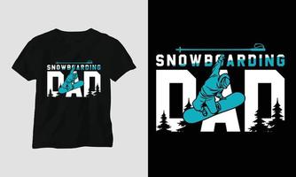 diseño de camiseta de papá snowboard con montañas, snowboard y estilo retro vector