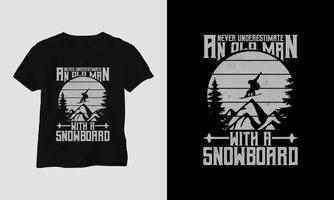 nunca subestimes a un anciano con un diseño de camiseta de snowboard con montañas, snowboard y estilo retro vector