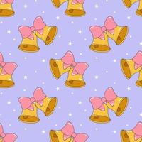 Seamless pattern with golden Jingle bells decorated with pink bow. Pop art sticker, trippy groovy vector. Great for wrapping, wallpaper, card. Funky positive background. Trendy y2k retro hippie print vector
