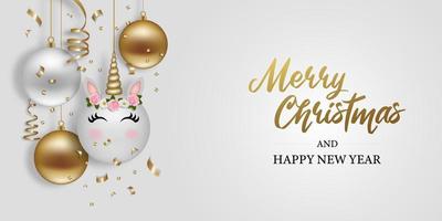 christmas banner with christmas balls, confetti and streamers. Christmas background with funny unicorn bauble and ornaments vector