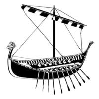 Drakkar. Viking rowing Ship in outline style. Norman ship sailing. Vector illustration isolated on white background.