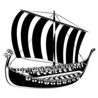 Viking scandinavian draccar in outline style. Norman ship sailing. Vector illustration isolated on white background.