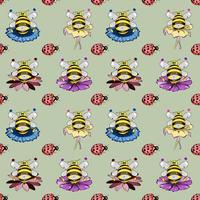 Seamless pattern with bees on flowers and ladybugs vector