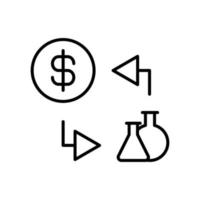 Simple vector isolated pictogram drawn with black thin line. Editable stroke for web sites, adverts, stores, shops. Vector line icon of money and lab bulbs exchange