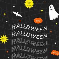 Abstract Halloween background, banner, greeting card. Trendy psychedelic retro style y2k , geometric shapes, fun elements and stickers, ghost, bat, bright colors. Minimalistic design. vector