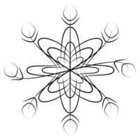 Abstract contour drawing of curved snowflakes with decorative elements. Line art. Isolate vector