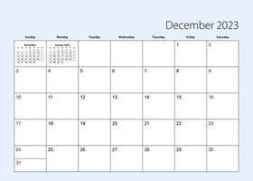 Wall calendar planner for December 2023. English language, week starts from Sunday. vector
