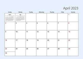 Wall calendar planner for April 2023. English language, week starts from Sunday. vector
