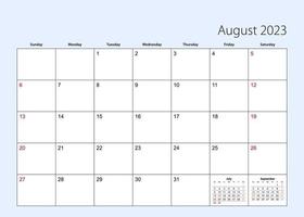 Wall calendar planner for August 2023. English language, week starts from Sunday. vector