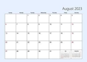 Wall calendar planner for August 2023. English language, week starts from Sunday. vector