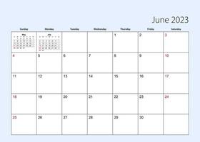 Wall calendar planner for June 2023. English language, week starts from Sunday. vector