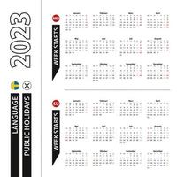 Two versions of 2023 calendar in Swedish, week starts from Monday and week starts from Sunday. vector