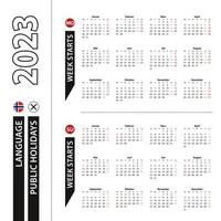 Two versions of 2023 calendar in Norwegian, week starts from Monday and week starts from Sunday. vector