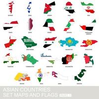 Asian countries set, maps and flags vector