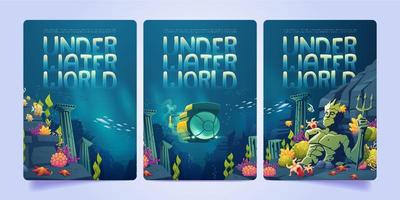 Underwater world with submarine, ruins, statue vector