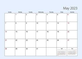 Wall calendar planner for May 2023. English language, week starts from Sunday. vector