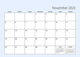 Wall calendar planner for November 2023. English language, week starts from Sunday. vector