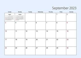 Wall calendar planner for September 2023. English language, week starts from Sunday. vector