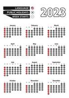 English calendar 2023 with numbers in circles, week starts on Sunday. vector