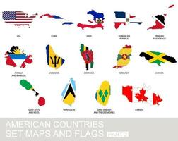 American countries set, maps and flags vector