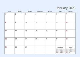 Wall calendar planner for January 2023. English language, week starts from Sunday. vector