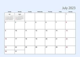 Wall calendar planner for July 2023. English language, week starts from Sunday. vector