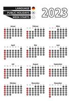 German calendar 2023 with numbers in circles, week starts on Sunday vector