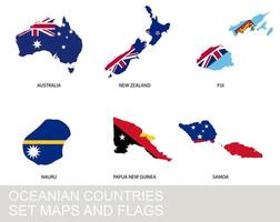 Oceania countries set, maps and flags vector