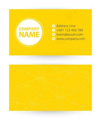 Business card on yellow abstract lined background with icon for address, phone, mail and website.