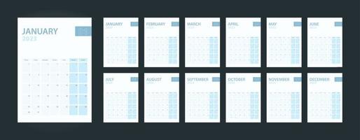 Vertical calendar 2023, set of 12 pages of calendar 2023. vector