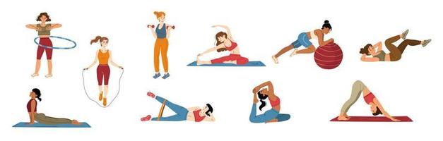 entrenamiento de mujer y ejercicios de yoga conjunto aislado vector