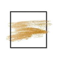 Gold brush stroke with sparkles in black square frame isolated on white. Modern abstract background. Metallic gradient paint texture. Creative vector template for your design projects.