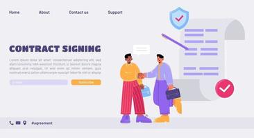 Contract signing landing page handshaking partners vector