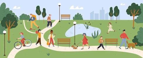 People walk with dogs, ride on bike in park vector