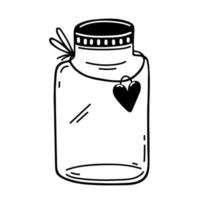 Mason jar vector icon. Hand drawn glass container isolated on white. Empty vintage pot with heart label. Simple doodle, sketch. Dishes for storing food, cookies. Clipart for print, logo, web, apps