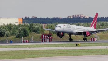MOSCOW, RUSSIAN FEDERATION JULY 28, 2021 - Royal Flight passenger plane landing at Sheremetyevo international airport, Moscow. Landing of the aircraft at the moment of touching the runway video