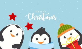 Merry christmas card with cute winter penguins vector illustration