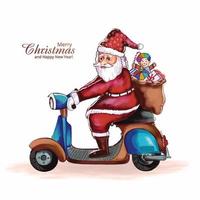 feliz navidad y feliz año nuevo tarjeta de felicitación con santa claus montando un fondo de scooter vector