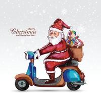 feliz navidad y próspero año nuevo con santa claus montando un fondo de tarjeta de scooter vector