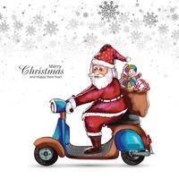 feliz navidad y próspero año nuevo con santa claus montando un fondo de tarjeta de scooter vector