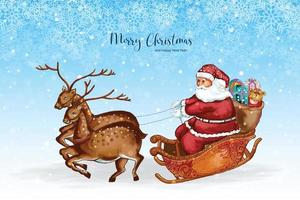 Merry christmas with santa claus reindeer card on snowflakes background vector