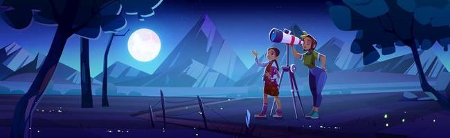 Woman with daughter look in telescope, astronomy vector