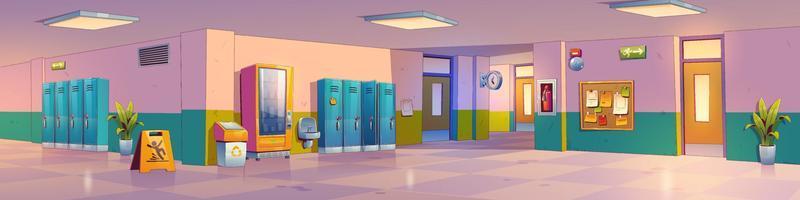 Empty school hallway with lockers, bulletin board vector