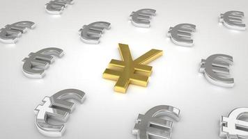 símbolos de euro plateados con símbolo de yen dorado en el medio foto