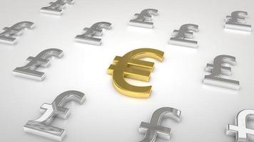 símbolos gbp plateados con el símbolo del euro dorado en el medio foto