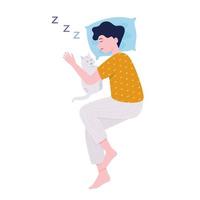 un niño duerme cómodamente y su gato duerme al lado, concepto de sueño saludable, ilustración vectorial plana. vector