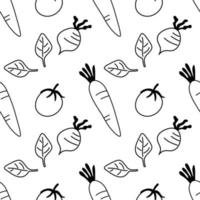 Doodle black and white outline with transparent background, vegetables seamless pattern. vector