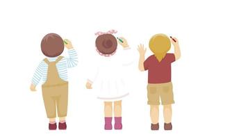 Behide view of boys and girl drawing on white background, flat vector illustration.