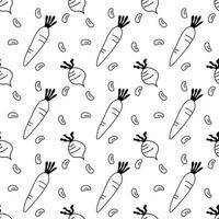 Doodle black and white outline with transparent background, vegetables seamless pattern. vector